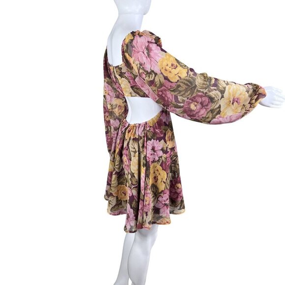 Showpo Women 6 Floral Mini Chiffon Cutout Dress Long Puff Sleeve Sweetheart Neck - Picture 3 of 16